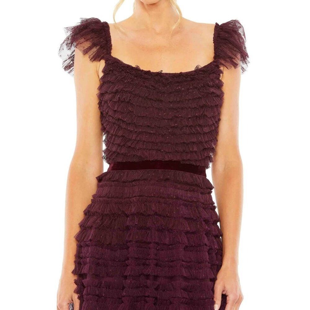 Mac Duggal 8054 Size 10 Amethyst Ruffle Tulle Cap Sleeve Tiered Party Midi Dress - Picture 4 of 12